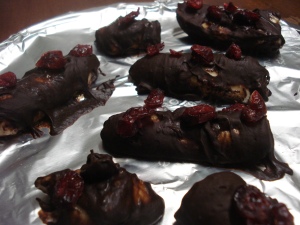 Frozen Chocolate Granola Bananas (dried cranberries in substitution for granola)
